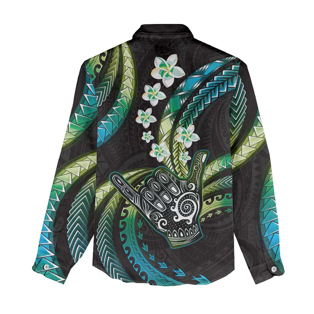 Hawaii Shaka Sign Women Casual Shirt Fantastic Frangipani Chartreuse Cyan LT01 - Polynesian Pride