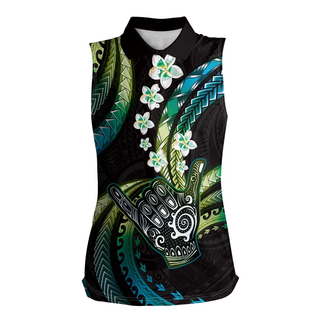 Hawaii Shaka Sign Women Sleeveless Polo Shirt Fantastic Frangipani Chartreuse Cyan LT01 Female Cyan - Polynesian Pride