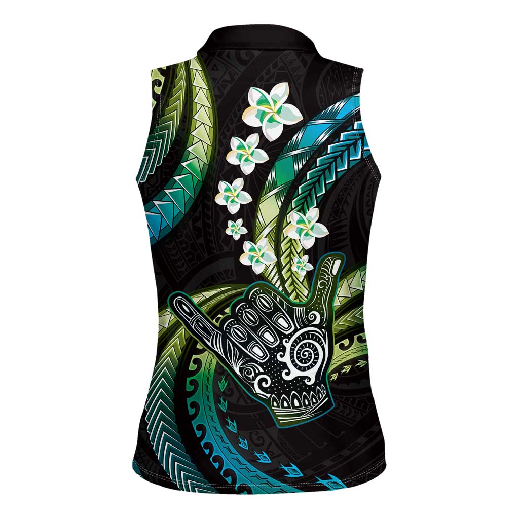Hawaii Shaka Sign Women Sleeveless Polo Shirt Fantastic Frangipani Chartreuse Cyan LT01 - Polynesian Pride