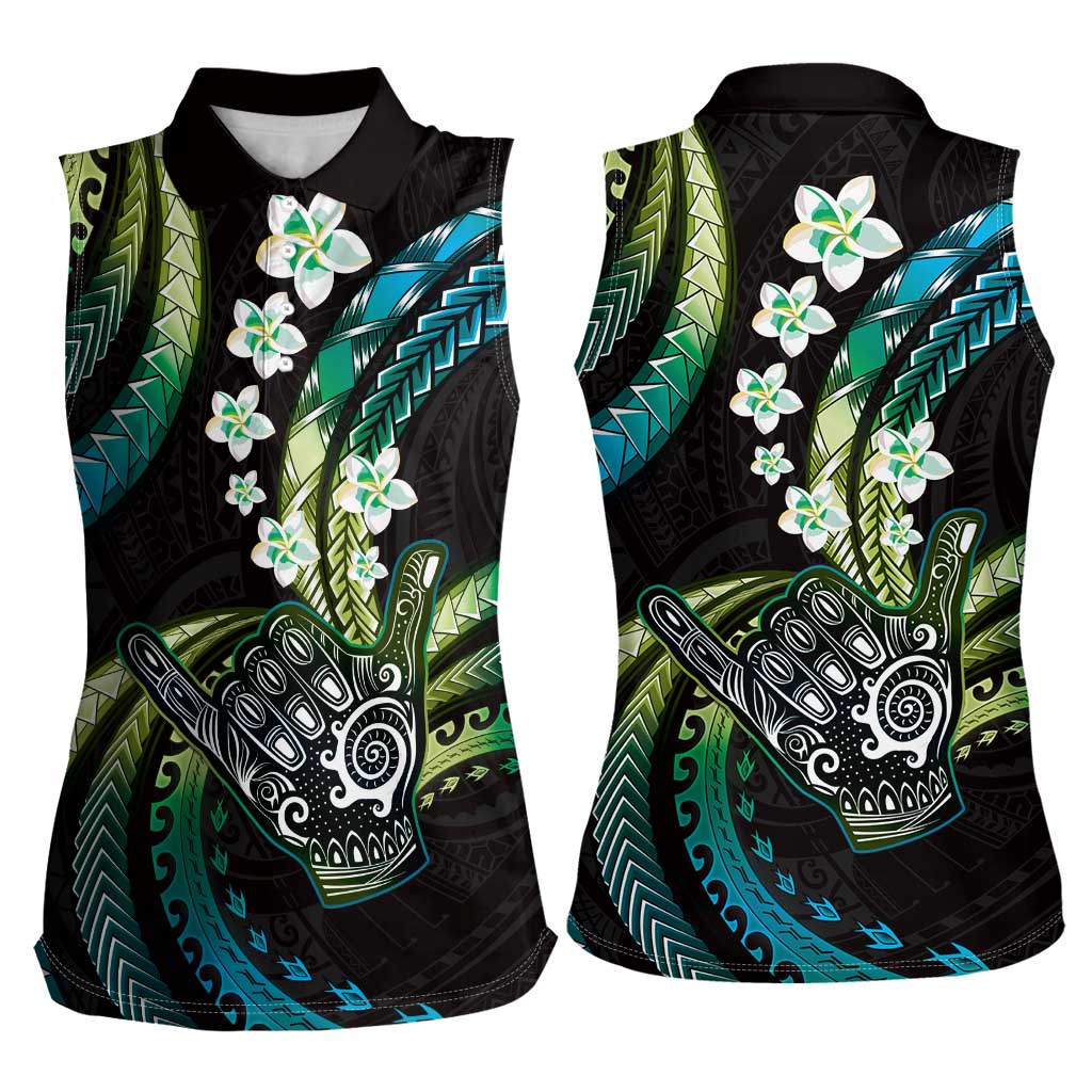 Hawaii Shaka Sign Women Sleeveless Polo Shirt Fantastic Frangipani Chartreuse Cyan LT01 - Polynesian Pride
