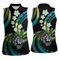 Hawaii Shaka Sign Women Sleeveless Polo Shirt Fantastic Frangipani Chartreuse Cyan LT01 - Polynesian Pride