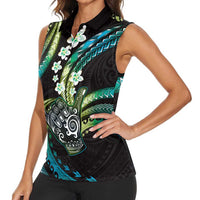 Hawaii Shaka Sign Women Sleeveless Polo Shirt Fantastic Frangipani Chartreuse Cyan LT01 - Polynesian Pride