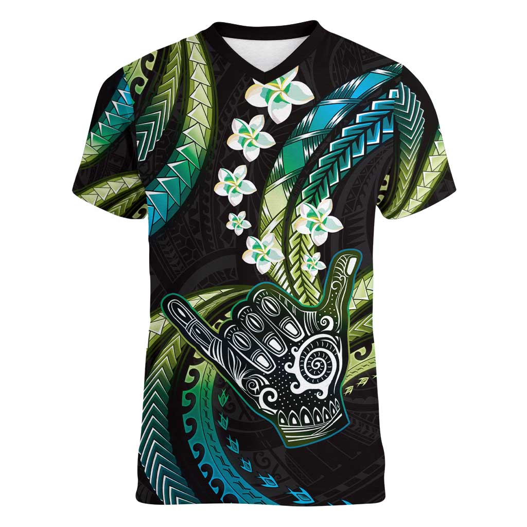 Hawaii Shaka Sign Women V-Neck T-Shirt Fantastic Frangipani Chartreuse Cyan LT01 Female Cyan - Polynesian Pride