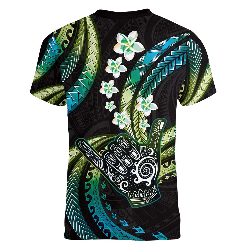 Hawaii Shaka Sign Women V-Neck T-Shirt Fantastic Frangipani Chartreuse Cyan LT01 - Polynesian Pride