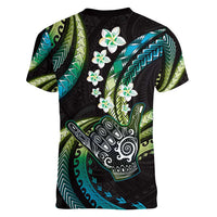 Hawaii Shaka Sign Women V-Neck T-Shirt Fantastic Frangipani Chartreuse Cyan LT01 - Polynesian Pride