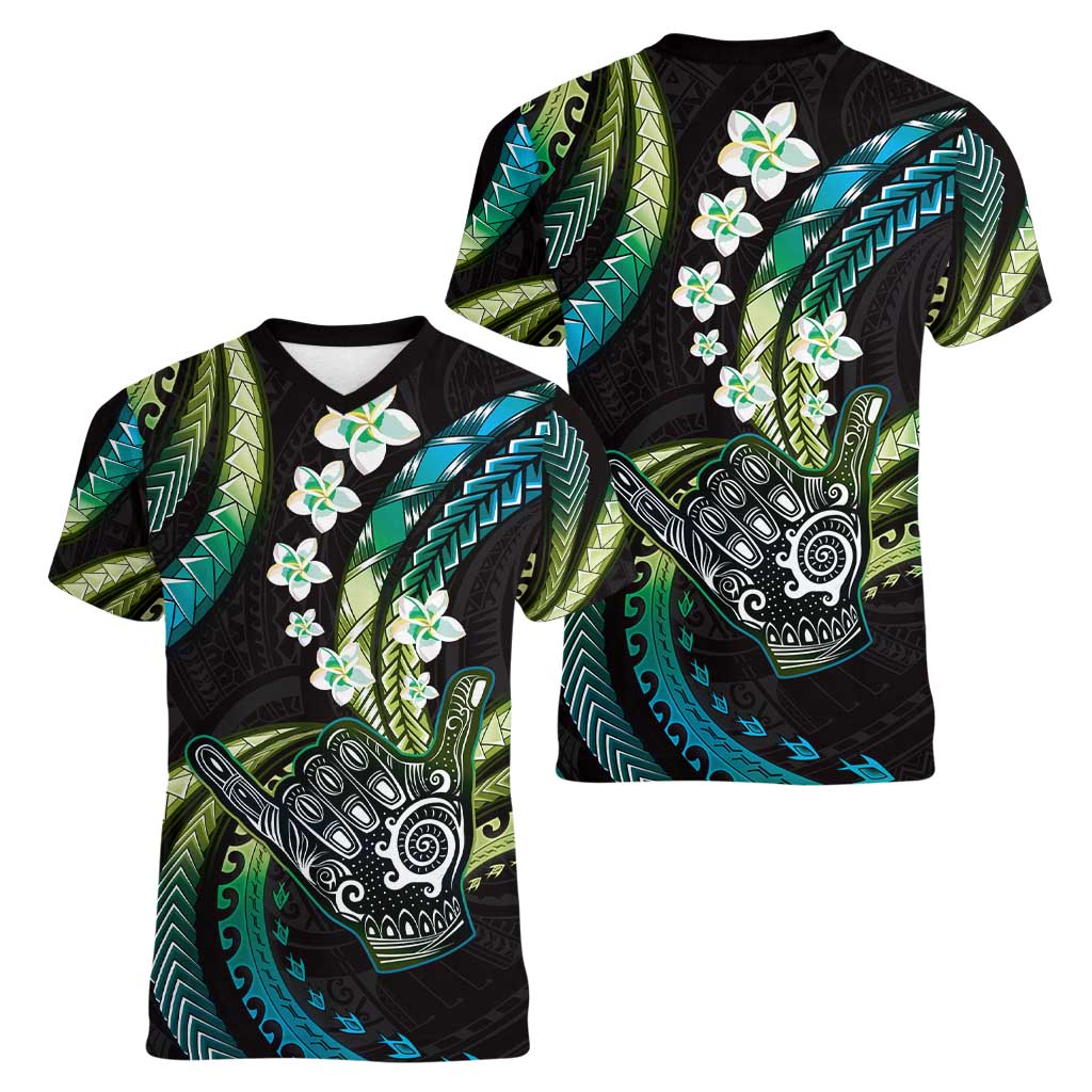 Hawaii Shaka Sign Women V-Neck T-Shirt Fantastic Frangipani Chartreuse Cyan LT01 - Polynesian Pride