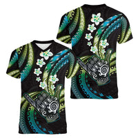 Hawaii Shaka Sign Women V-Neck T-Shirt Fantastic Frangipani Chartreuse Cyan LT01 - Polynesian Pride