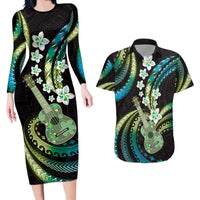 Hawaiian Ukulele Couples Matching Long Sleeve Bodycon Dress and Hawaiian Shirt Chartreuse Cyan Fantastic Plumeria LT01 Cyan - Polynesian Pride