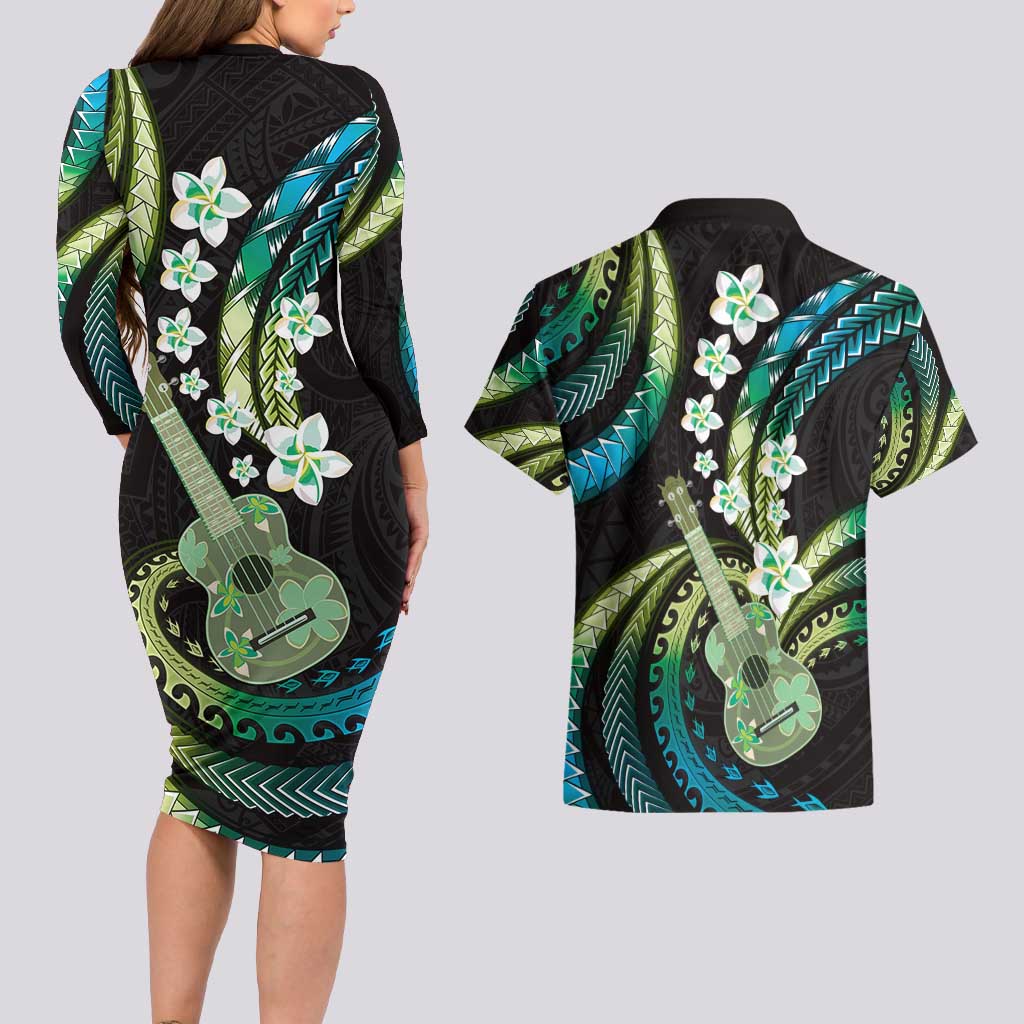 Hawaiian Ukulele Couples Matching Long Sleeve Bodycon Dress and Hawaiian Shirt Chartreuse Cyan Fantastic Plumeria LT01 - Polynesian Pride