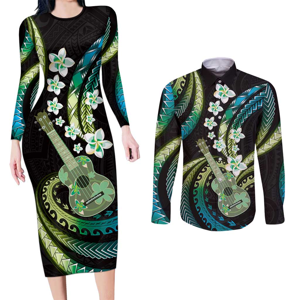 Hawaiian Ukulele Couples Matching Long Sleeve Bodycon Dress and Long Sleeve Button Shirt Chartreuse Cyan Fantastic Plumeria LT01 Cyan - Polynesian Pride