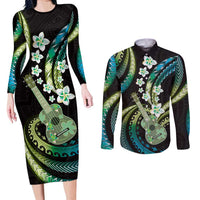 Hawaiian Ukulele Couples Matching Long Sleeve Bodycon Dress and Long Sleeve Button Shirt Chartreuse Cyan Fantastic Plumeria LT01 Cyan - Polynesian Pride