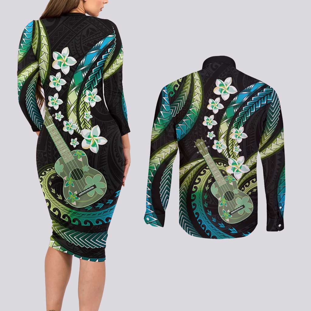 Hawaiian Ukulele Couples Matching Long Sleeve Bodycon Dress and Long Sleeve Button Shirt Chartreuse Cyan Fantastic Plumeria LT01 - Polynesian Pride