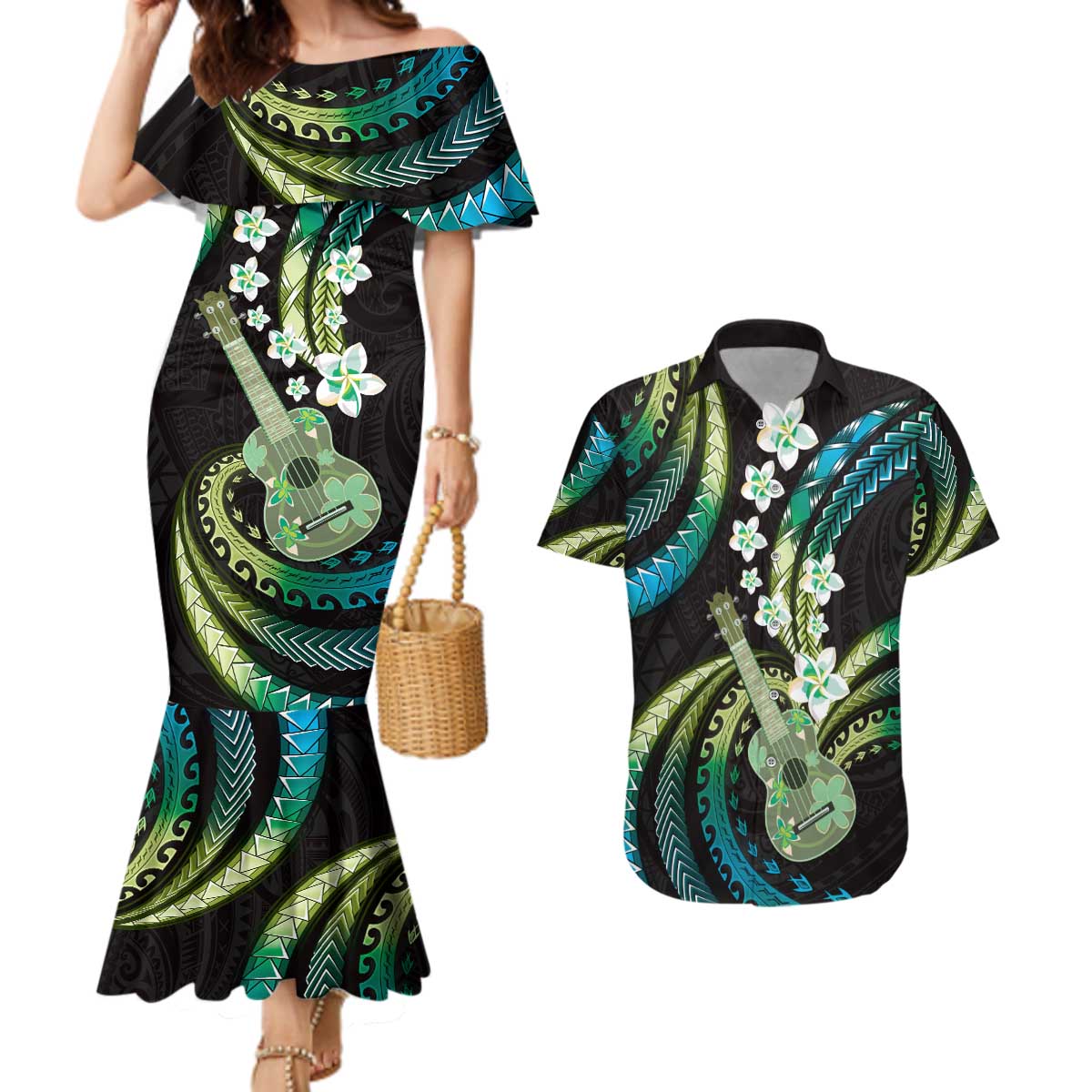 Hawaiian Ukulele Couples Matching Mermaid Dress and Hawaiian Shirt Chartreuse Cyan Fantastic Plumeria LT01 Cyan - Polynesian Pride