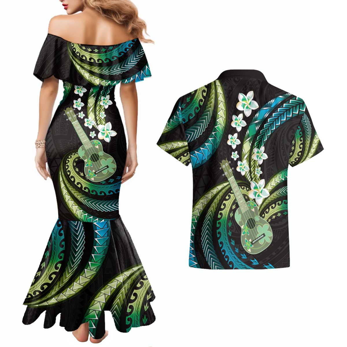 Hawaiian Ukulele Couples Matching Mermaid Dress and Hawaiian Shirt Chartreuse Cyan Fantastic Plumeria LT01 - Polynesian Pride