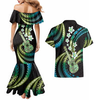 Hawaiian Ukulele Couples Matching Mermaid Dress and Hawaiian Shirt Chartreuse Cyan Fantastic Plumeria LT01 - Polynesian Pride