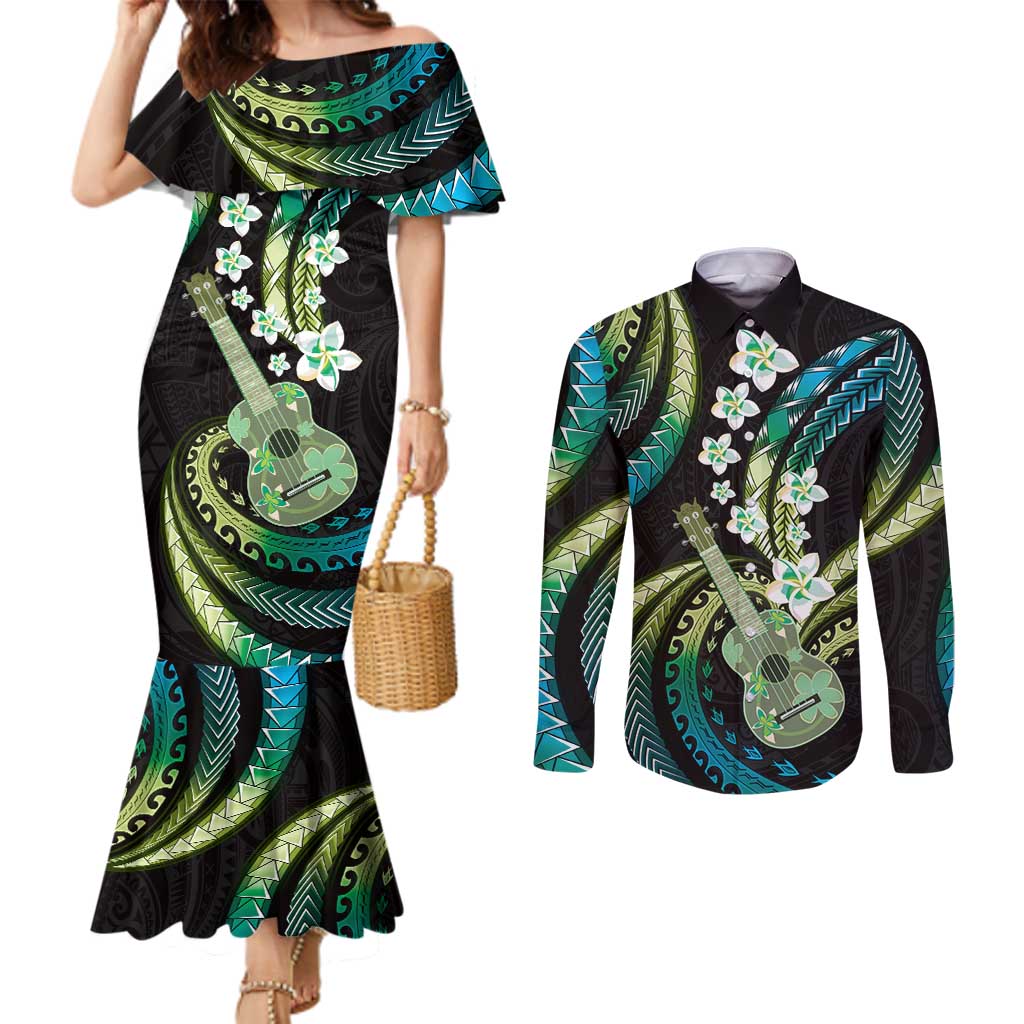 Hawaiian Ukulele Couples Matching Mermaid Dress and Long Sleeve Button Shirt Chartreuse Cyan Fantastic Plumeria LT01 Cyan - Polynesian Pride