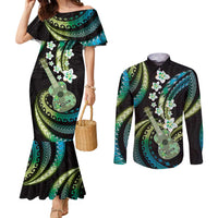Hawaiian Ukulele Couples Matching Mermaid Dress and Long Sleeve Button Shirt Chartreuse Cyan Fantastic Plumeria LT01 Cyan - Polynesian Pride