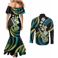 Hawaiian Ukulele Couples Matching Mermaid Dress and Long Sleeve Button Shirt Chartreuse Cyan Fantastic Plumeria LT01 - Polynesian Pride