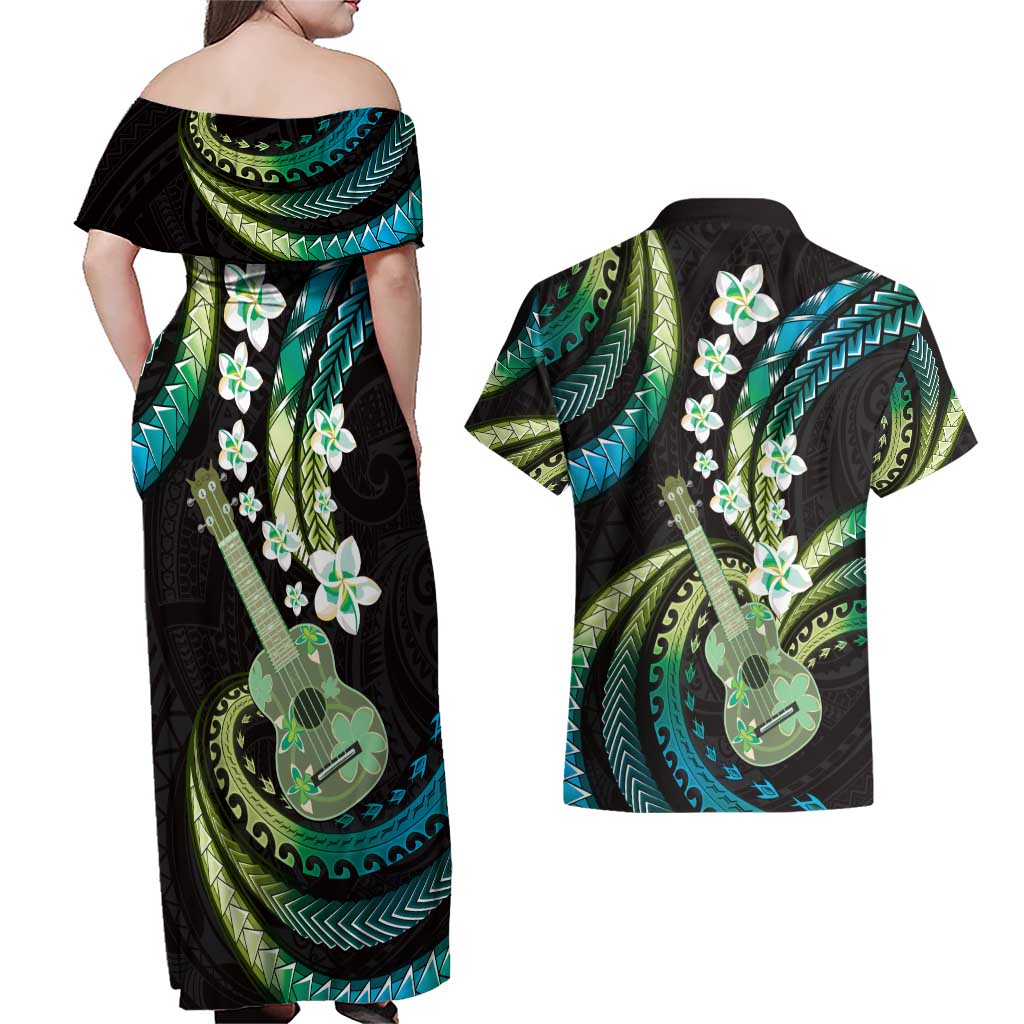 Hawaiian Ukulele Couples Matching Off Shoulder Maxi Dress and Hawaiian Shirt Chartreuse Cyan Fantastic Plumeria LT01 - Polynesian Pride