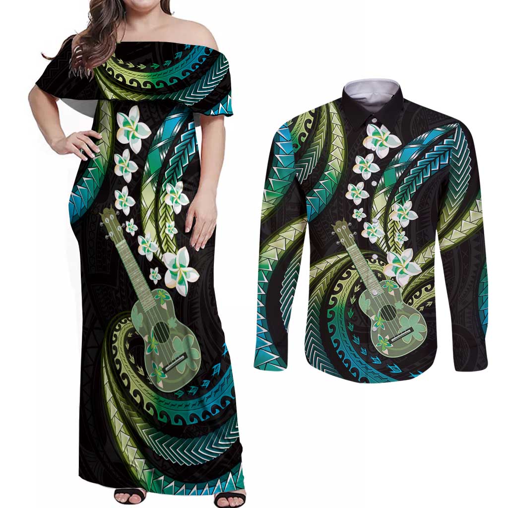 Hawaiian Ukulele Couples Matching Off Shoulder Maxi Dress and Long Sleeve Button Shirt Chartreuse Cyan Fantastic Plumeria LT01 Cyan - Polynesian Pride