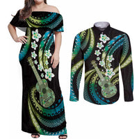 Hawaiian Ukulele Couples Matching Off Shoulder Maxi Dress and Long Sleeve Button Shirt Chartreuse Cyan Fantastic Plumeria LT01 Cyan - Polynesian Pride