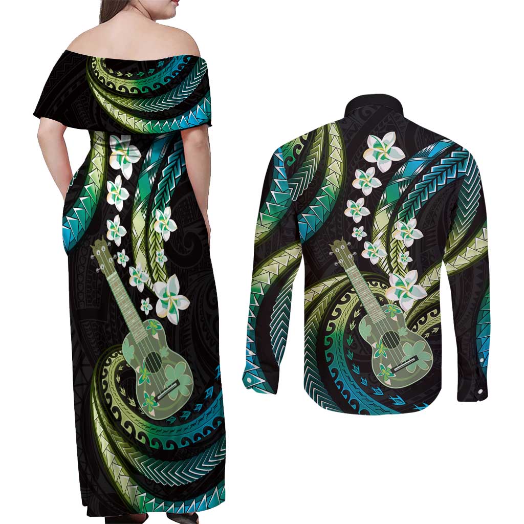 Hawaiian Ukulele Couples Matching Off Shoulder Maxi Dress and Long Sleeve Button Shirt Chartreuse Cyan Fantastic Plumeria LT01 - Polynesian Pride