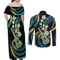 Hawaiian Ukulele Couples Matching Off Shoulder Maxi Dress and Long Sleeve Button Shirt Chartreuse Cyan Fantastic Plumeria LT01 - Polynesian Pride