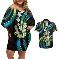 Hawaiian Ukulele Couples Matching Off Shoulder Short Dress and Hawaiian Shirt Chartreuse Cyan Fantastic Plumeria LT01 Cyan - Polynesian Pride