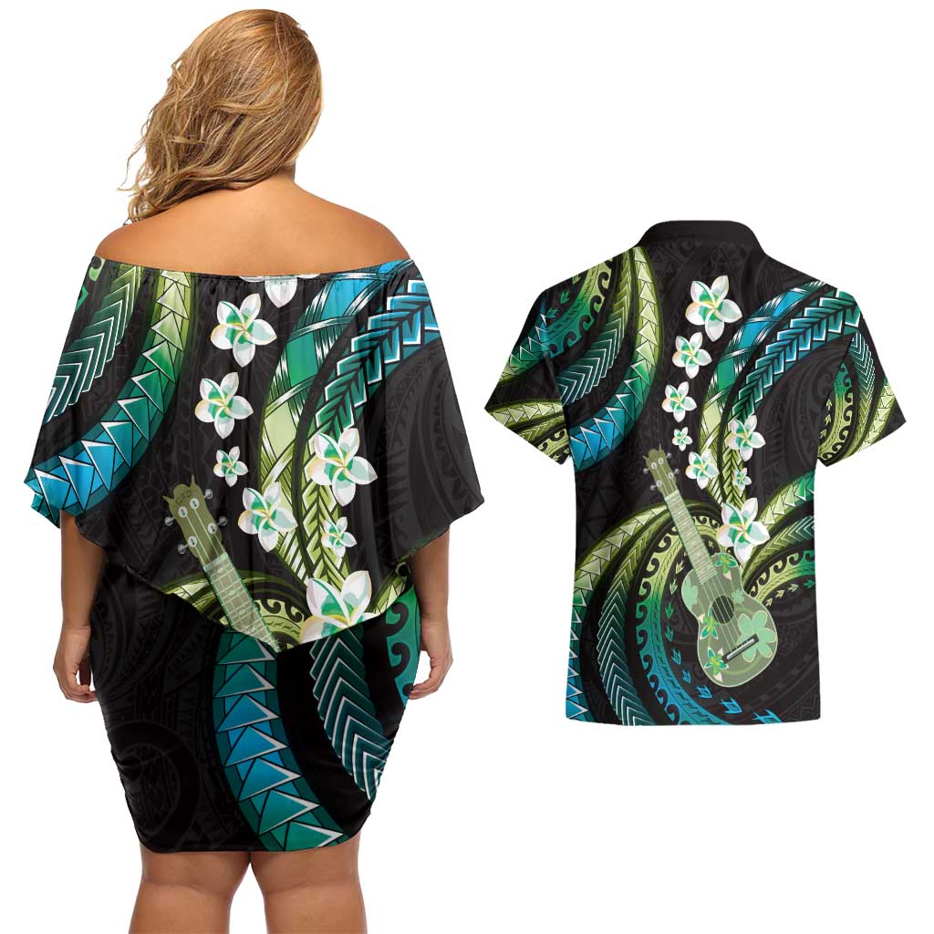 Hawaiian Ukulele Couples Matching Off Shoulder Short Dress and Hawaiian Shirt Chartreuse Cyan Fantastic Plumeria LT01 - Polynesian Pride