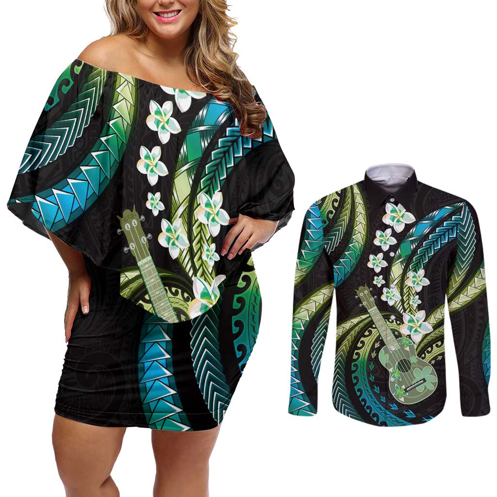 Hawaiian Ukulele Couples Matching Off Shoulder Short Dress and Long Sleeve Button Shirt Chartreuse Cyan Fantastic Plumeria LT01 Cyan - Polynesian Pride