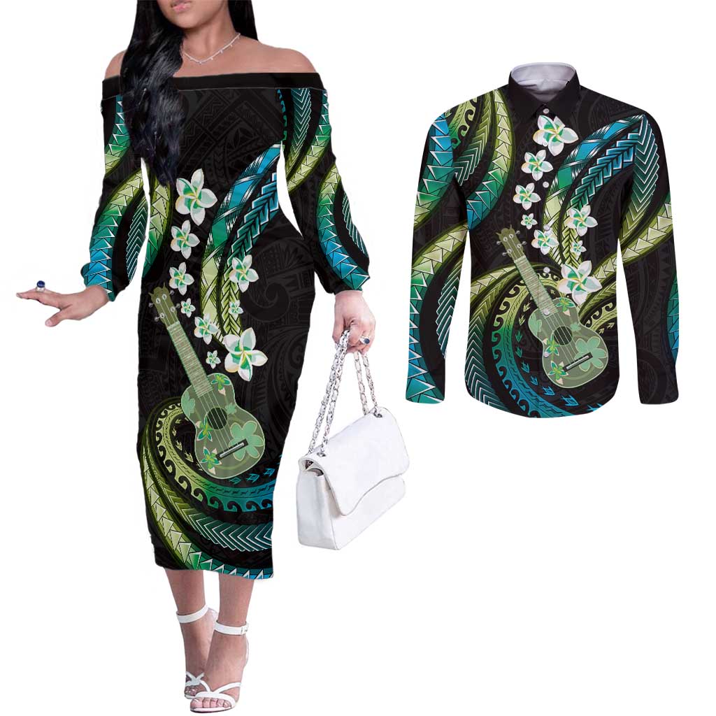 Hawaiian Ukulele Couples Matching Off The Shoulder Long Sleeve Dress and Long Sleeve Button Shirt Chartreuse Cyan Fantastic Plumeria LT01 Cyan - Polynesian Pride