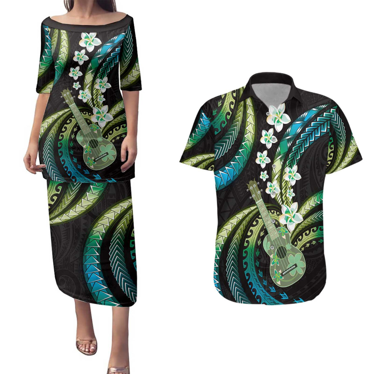 Hawaiian Ukulele Couples Matching Puletasi and Hawaiian Shirt Chartreuse Cyan Fantastic Plumeria LT01 Cyan - Polynesian Pride