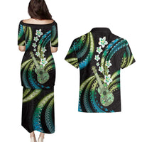 Hawaiian Ukulele Couples Matching Puletasi and Hawaiian Shirt Chartreuse Cyan Fantastic Plumeria LT01 - Polynesian Pride