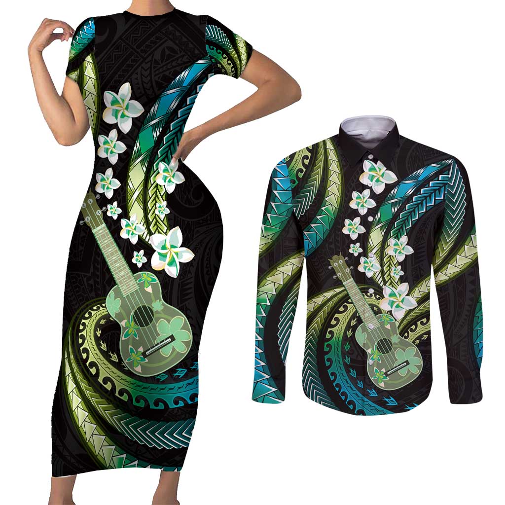 Hawaiian Ukulele Couples Matching Short Sleeve Bodycon Dress and Long Sleeve Button Shirt Chartreuse Cyan Fantastic Plumeria LT01 Cyan - Polynesian Pride
