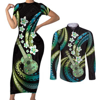 Hawaiian Ukulele Couples Matching Short Sleeve Bodycon Dress and Long Sleeve Button Shirt Chartreuse Cyan Fantastic Plumeria LT01 Cyan - Polynesian Pride