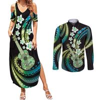 Hawaiian Ukulele Couples Matching Summer Maxi Dress and Long Sleeve Button Shirt Chartreuse Cyan Fantastic Plumeria LT01 Cyan - Polynesian Pride