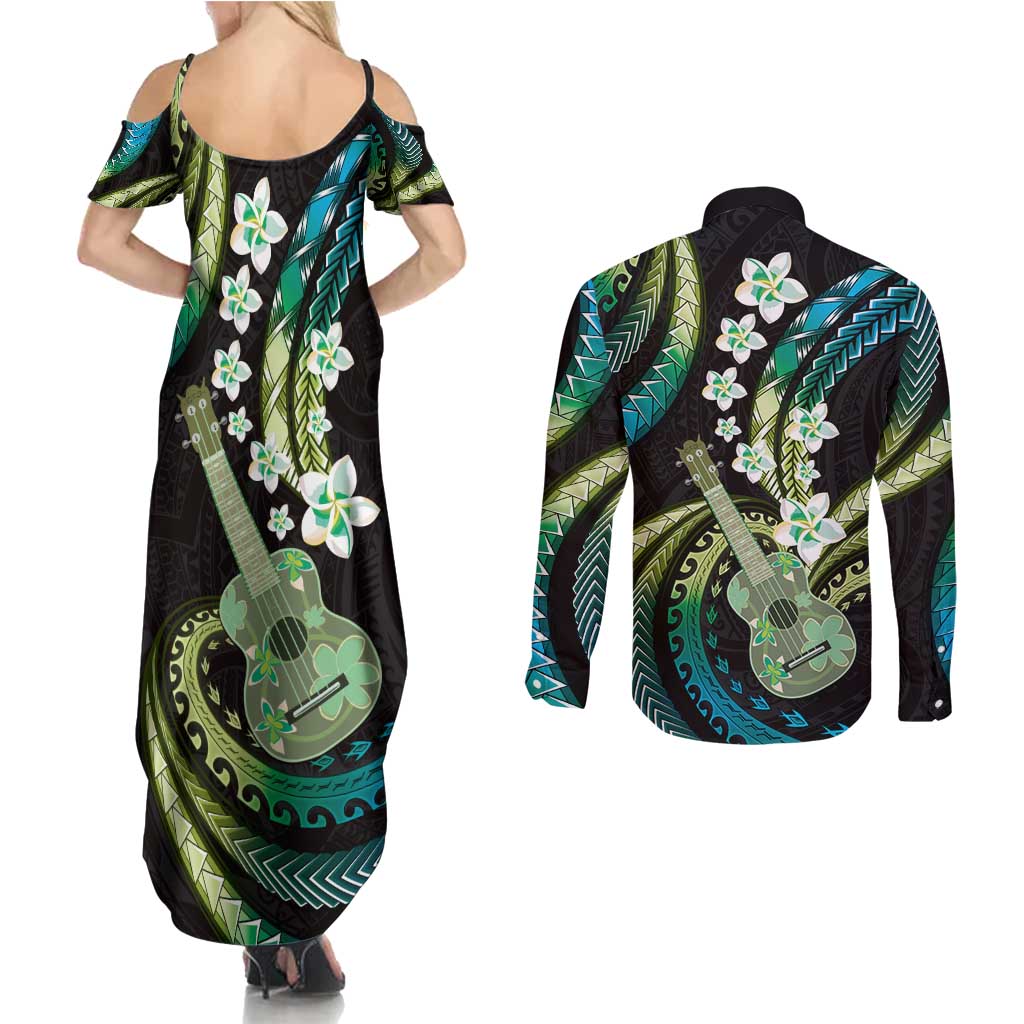 Hawaiian Ukulele Couples Matching Summer Maxi Dress and Long Sleeve Button Shirt Chartreuse Cyan Fantastic Plumeria LT01 - Polynesian Pride