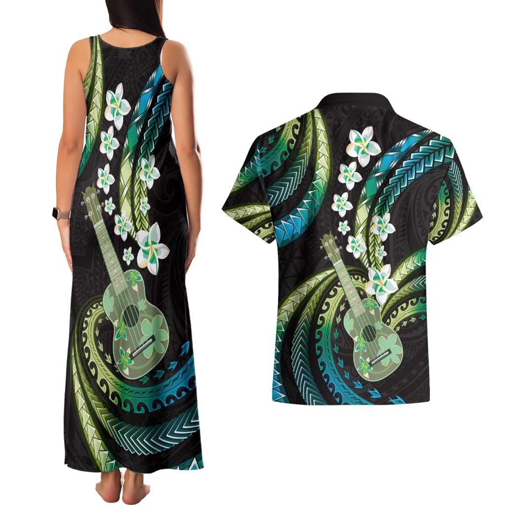Hawaiian Ukulele Couples Matching Tank Maxi Dress and Hawaiian Shirt Chartreuse Cyan Fantastic Plumeria LT01 - Polynesian Pride