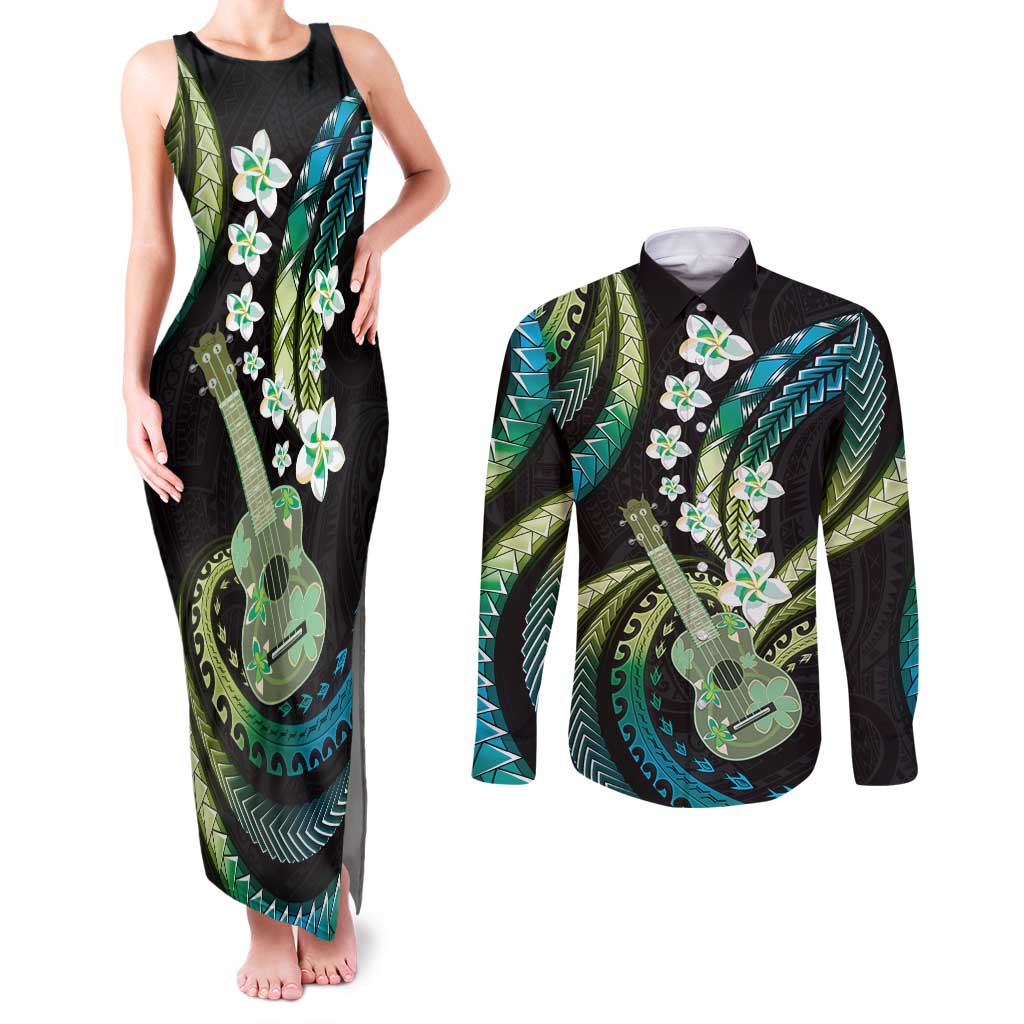Hawaiian Ukulele Couples Matching Tank Maxi Dress and Long Sleeve Button Shirt Chartreuse Cyan Fantastic Plumeria LT01 Cyan - Polynesian Pride