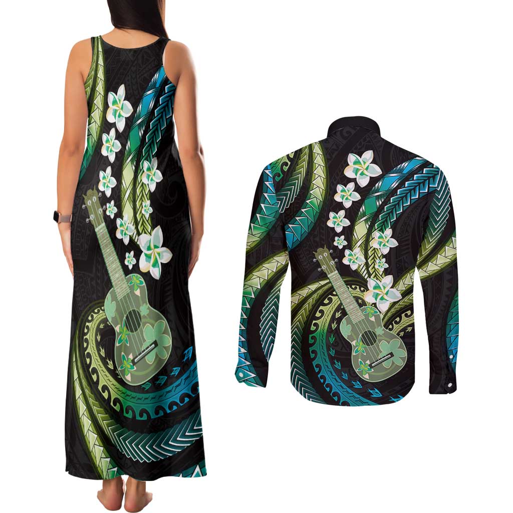 Hawaiian Ukulele Couples Matching Tank Maxi Dress and Long Sleeve Button Shirt Chartreuse Cyan Fantastic Plumeria LT01 - Polynesian Pride
