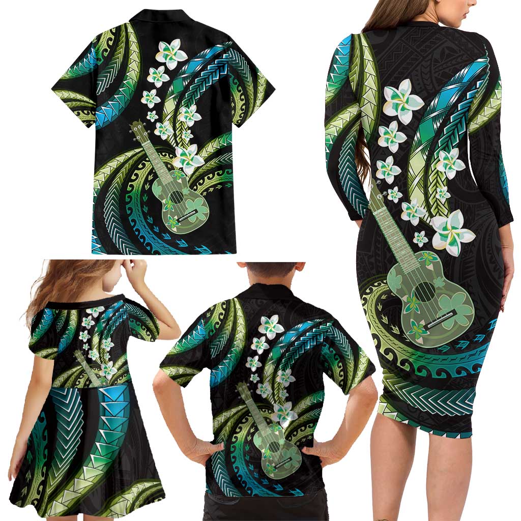 Hawaiian Ukulele Family Matching Long Sleeve Bodycon Dress and Hawaiian Shirt Chartreuse Cyan Fantastic Plumeria LT01 - Polynesian Pride