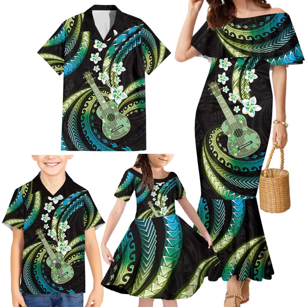 Hawaiian Ukulele Family Matching Mermaid Dress and Hawaiian Shirt Chartreuse Cyan Fantastic Plumeria LT01 - Polynesian Pride