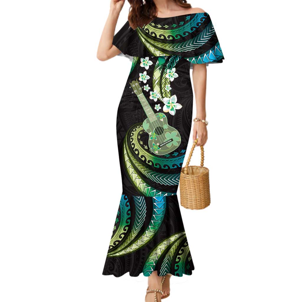 Hawaiian Ukulele Family Matching Mermaid Dress and Hawaiian Shirt Chartreuse Cyan Fantastic Plumeria LT01 Mom's Dress Cyan - Polynesian Pride