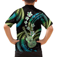 Hawaiian Ukulele Family Matching Off The Shoulder Long Sleeve Dress and Hawaiian Shirt Chartreuse Cyan Fantastic Plumeria LT01 - Polynesian Pride