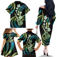 Hawaiian Ukulele Family Matching Off The Shoulder Long Sleeve Dress and Hawaiian Shirt Chartreuse Cyan Fantastic Plumeria LT01 - Polynesian Pride