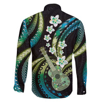 Hawaiian Ukulele Family Matching Off The Shoulder Long Sleeve Dress and Hawaiian Shirt Chartreuse Cyan Fantastic Plumeria LT01 - Polynesian Pride