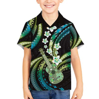 Hawaiian Ukulele Family Matching Off The Shoulder Long Sleeve Dress and Hawaiian Shirt Chartreuse Cyan Fantastic Plumeria LT01 Son's Shirt Cyan - Polynesian Pride