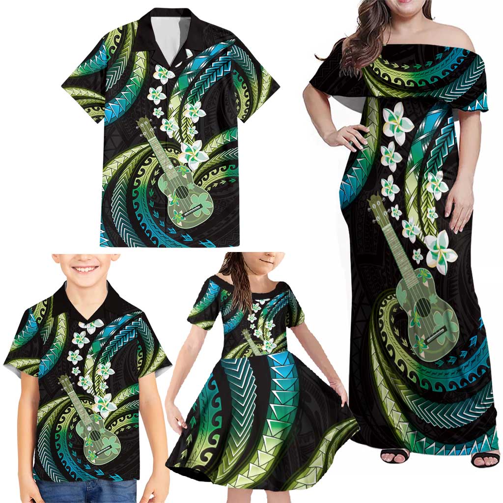 Hawaiian Ukulele Family Matching Off Shoulder Maxi Dress and Hawaiian Shirt Chartreuse Cyan Fantastic Plumeria LT01 - Polynesian Pride