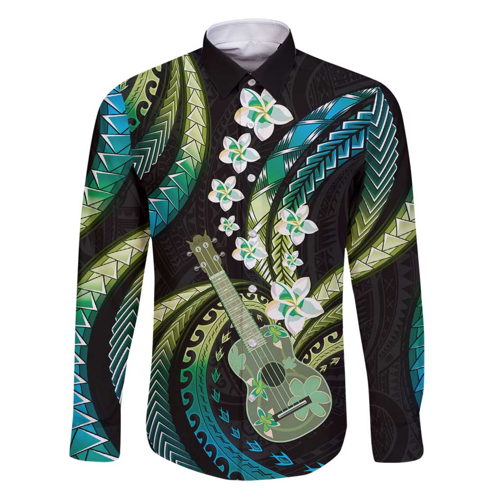 Hawaiian Ukulele Family Matching Off Shoulder Maxi Dress and Hawaiian Shirt Chartreuse Cyan Fantastic Plumeria LT01 Dad's Shirt - Long Sleeve Cyan - Polynesian Pride