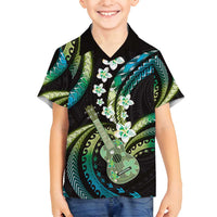 Hawaiian Ukulele Family Matching Off Shoulder Maxi Dress and Hawaiian Shirt Chartreuse Cyan Fantastic Plumeria LT01 Son's Shirt Cyan - Polynesian Pride